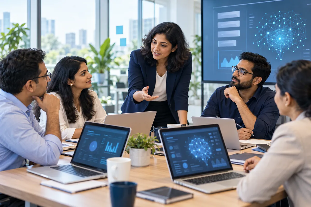 Business leaders taking part in a hands-on AI coaching workshop