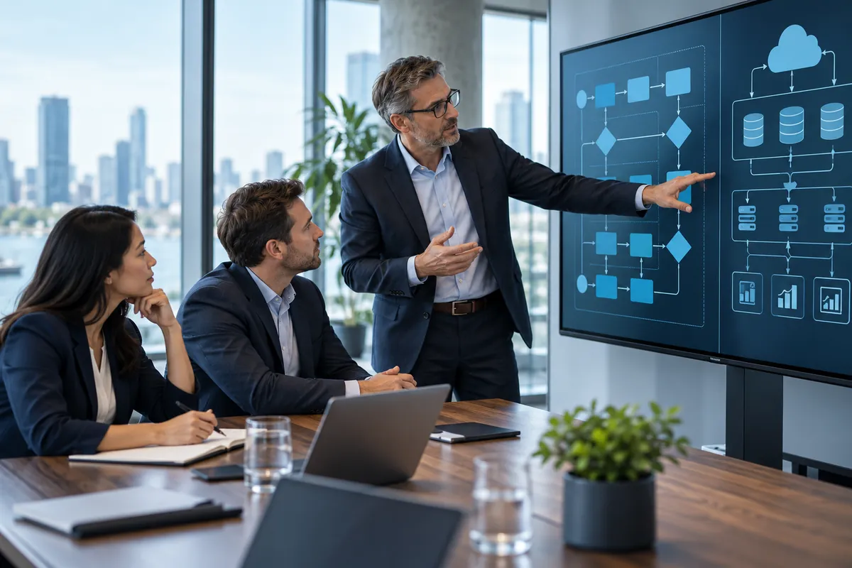 Executives and an AI consultant reviewing a business and data architecture plan
