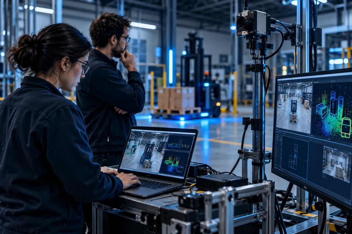 Researchers evaluating a computer vision prototype in an industrial test environment